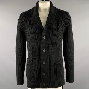 TAGLIATORE Size L Black Virgin Wool Cable Knit Cardigan